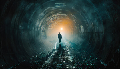 Recreation from back of a man walking in a tunnel towards the light at end