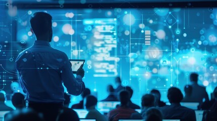 Tech seminar with IT professionals presenting to an audience