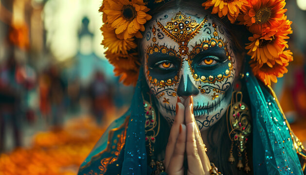 Recreation of a woman characterized as Calavera Catrina