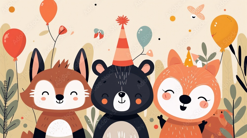 Poster Cute Animals Celebrating Birthday With Balloons and Hats.