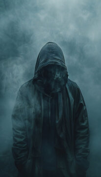 Fictional recreation of a spectre with a black robe without face and smoke around
