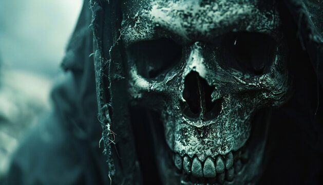 Recreation of death with a black robe and skull	