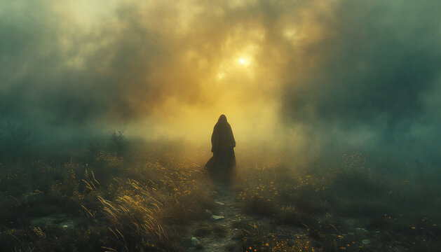Recreation of a spectre with a black robe in a foggy field at sunset, a Grim Reaper, personification of death