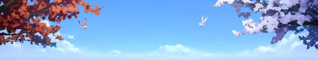 Abstract Heaven Wallpaper with Seasonal Changes: Cartoon Blue Spring, Summer, and Autumn Leaves in Nature's Transition, Textured Flat Children's Storybook Illustration, Winter cartoon