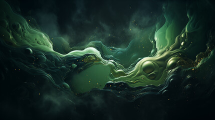 Dark green abstract background. Flow of dark paint with bubbles and lumps. Dark green liquid, abstract background. AI generative