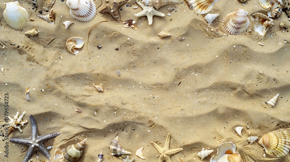 Poster Top view of a sandy beach texture with imprints of exotic seashells and starfish as natural textured background : Generative AI