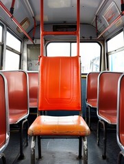 Fototapeta premium Vacant bus with a single orange seat in focus