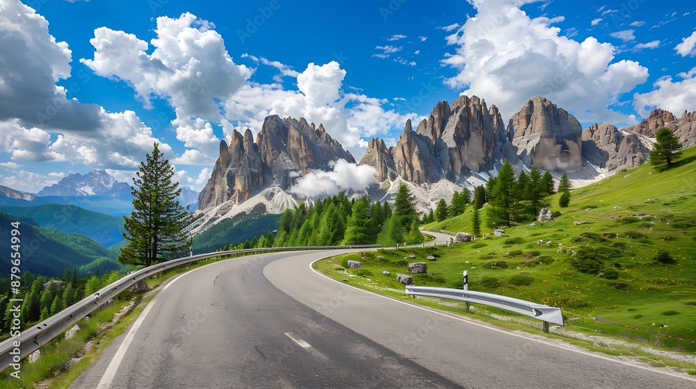 Aufkleber road in mountains at sunny day in summer dolomites italy beautiful roadway green tress high rocks bl