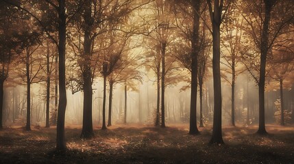 Fototapeta premium A dreamlike portrayal of slender trees during autumn captured in a pictorialism art style evoking a serene and ethereal atmosphere : Generative AI