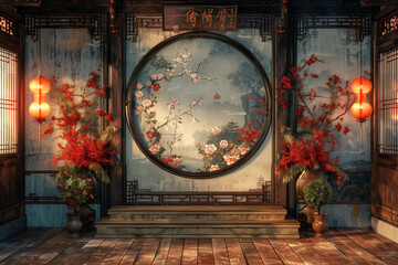 traditiional chinese palace temple room, lights