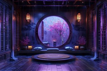 traditiional purple chinese palace temple room, lights