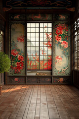 traditiional chinese palace temple room, lights, plants