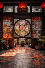 traditiional chinese palace temple room, lights, plants