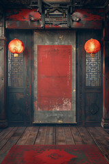 traditiional chinese palace temple room, lights, plants