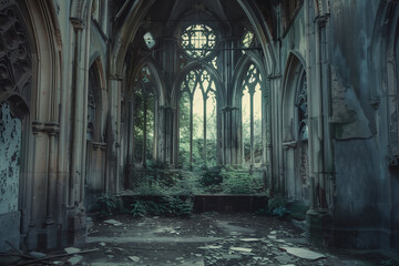 abandoned church, dark castle with plants, ruins