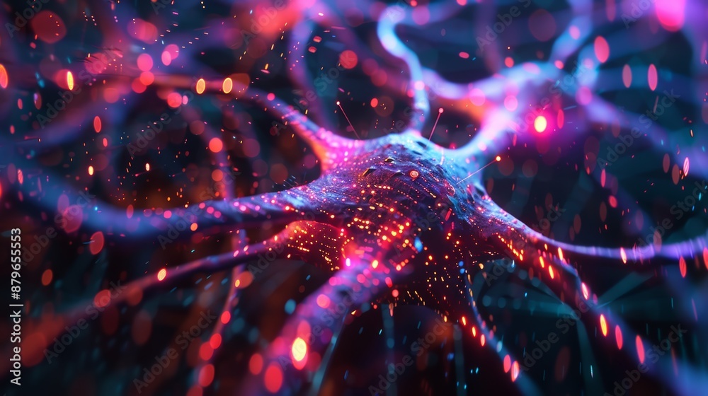 Aufkleber Glowing 3D animation of neural network structure with futuristic digital elements