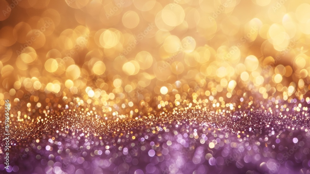 Poster gold horizontal pattern with purple bokeh, soft light, copy space