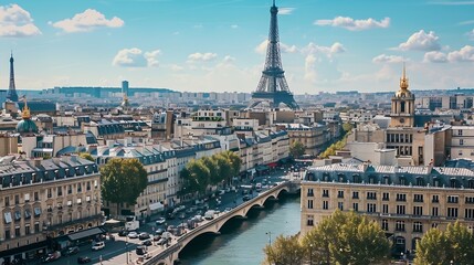 Naklejka premium Cityscape of Paris with Eiffel Tower at sunny day France : Generative AI