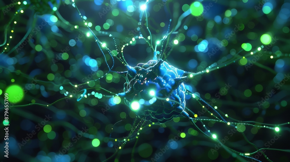 Poster Futuristic 3D animation of neural network with glowing blue and green nodes