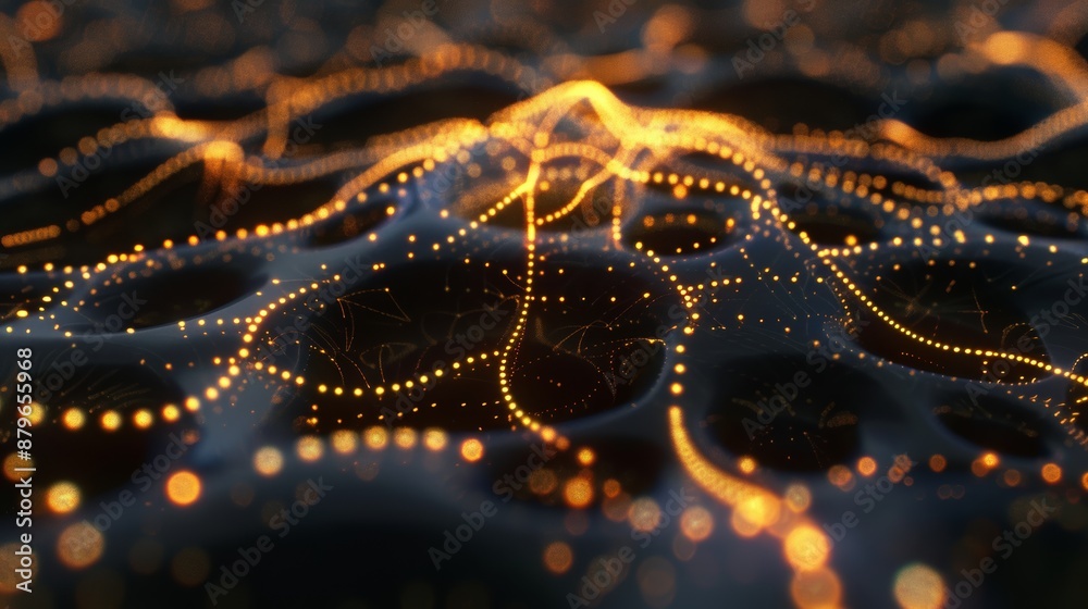 Poster 3D animation of neural network in cyberspace with glowing connections and nodes