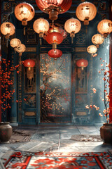 traditiional chinese palace room, lights, plants, imperial