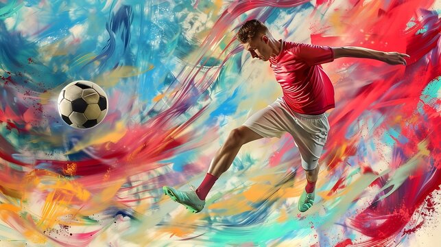 Modern creative design Contemporary art Banner Young football player in motion training over multicolored abstract background Concept of sport motion action competition Bright colors : Generative AI