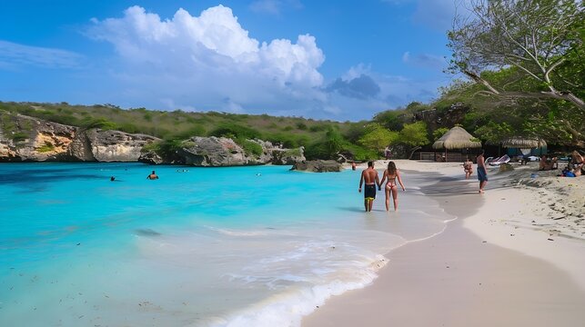 Playa Porto Marie beach Curacao a white tropical beach with turqouse water in ocean Caribbean sea a couple of men and women on vacation in Curacao : Generative AI