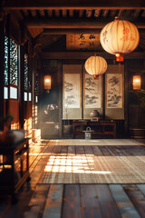 traditiional chinese room, lamp, gold light, wooden, bedroom