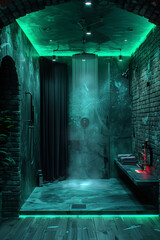 cyberpunk place, toilet, shower, neon green lights