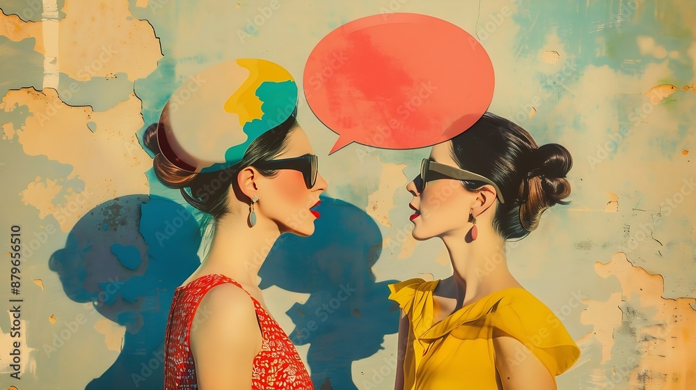 Poster girlfriends contemporary art collage two women with color speech bubble copy space instead heads ove
