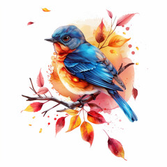 Fototapeta premium Twigs of autumn leaves with berries on which a blueberry sits. Watercolor style, Bright colors, Nature illustration