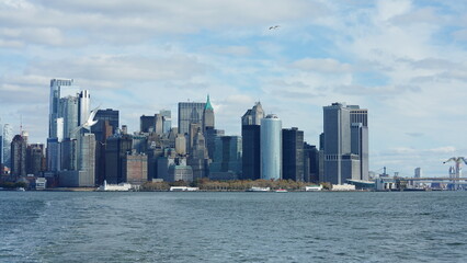 The New York manhattan view from the ferry boat in the sunny day