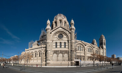 Obraz premium View of the Cathedral Sainte-Marie-Majeure de Marseille or de la Major is a Roman Catholic cathedral, and a national monument of France, located in Marseille.