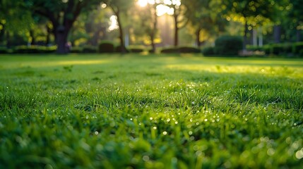 Closeup of beautiful green lawn in park Action Movement on surface of green lawn in park on sunny summer day Beautiful manicured lawn in park : Generative AI