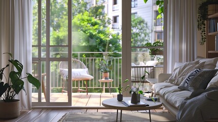 Fototapeta premium Shady living room and open balcony in studio apartment : Generative AI
