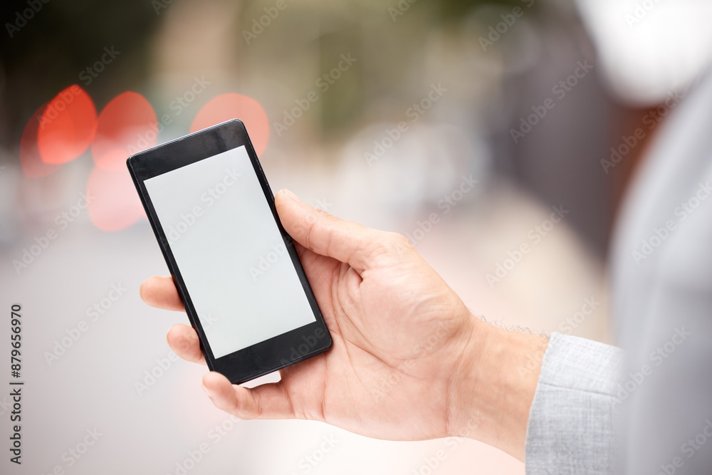 Poster screen, cellphone and hand of employee, outdoor and display of mockup, bokeh and businessman with ap