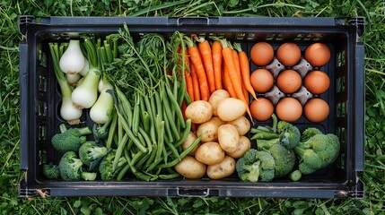 Fresh vegetables in a crate on green grass