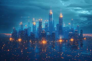 Obraz premium Futuristic city, silhouette logo in the wireframe style on a dark blue background