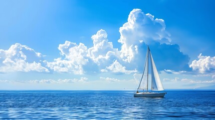 Yacht sailboat sailing alone on calm blue sea waters on a beautiful sunny day with blue sky and white clouds : Generative AI