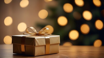 Gift Box on Table with Blurred Christmas Tree and Golden Festive Bokeh Lights Background,holiday decoration, special occasion, celebration concept, golden lights, holiday season