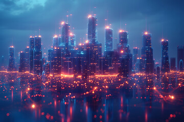 Obraz premium Futuristic city, silhouette logo in the wireframe style on a dark blue background