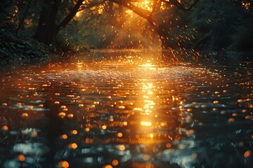 Fototapeta premium the sun shines brightly through the trees over the water.