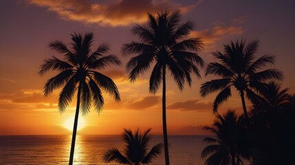 Obraz premium Tropical Sunset Silhouette with Palm Trees, Exotic Beach Landscape,vacation destination, tropical paradise, summer evening, dusk sky, nature silhouette