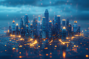 Fototapeta premium Futuristic city, silhouette logo in the wireframe style on a dark blue background