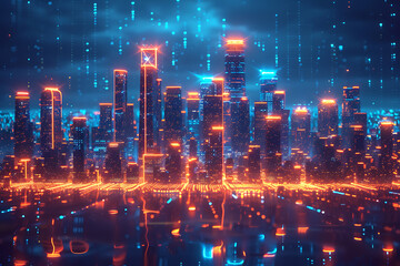 Fototapeta premium Futuristic city, silhouette logo in the wireframe style on a dark blue background