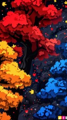 Abstract Paradise Wallpaper: Nighttime Four Seasons Transition with Deep Red and Blue Tones, Flat Children's Storybook Illustration Style, Perfect for Mobile and Computer Backgrounds