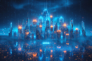 Fototapeta premium Futuristic city, silhouette logo in the wireframe style on a dark blue background