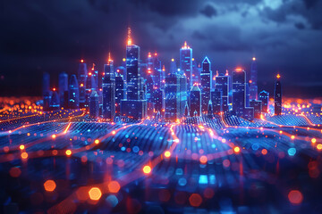 Obraz premium Futuristic city, silhouette logo in the wireframe style on a dark blue background