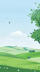 Obraz premium Serene Countryside Landscape with Rolling Green Hills and a Tree