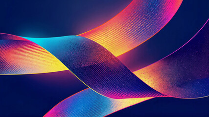 Abstract colored curved ribbons on a dark blue background with light effect and glitter with copy space for text. Generative AI